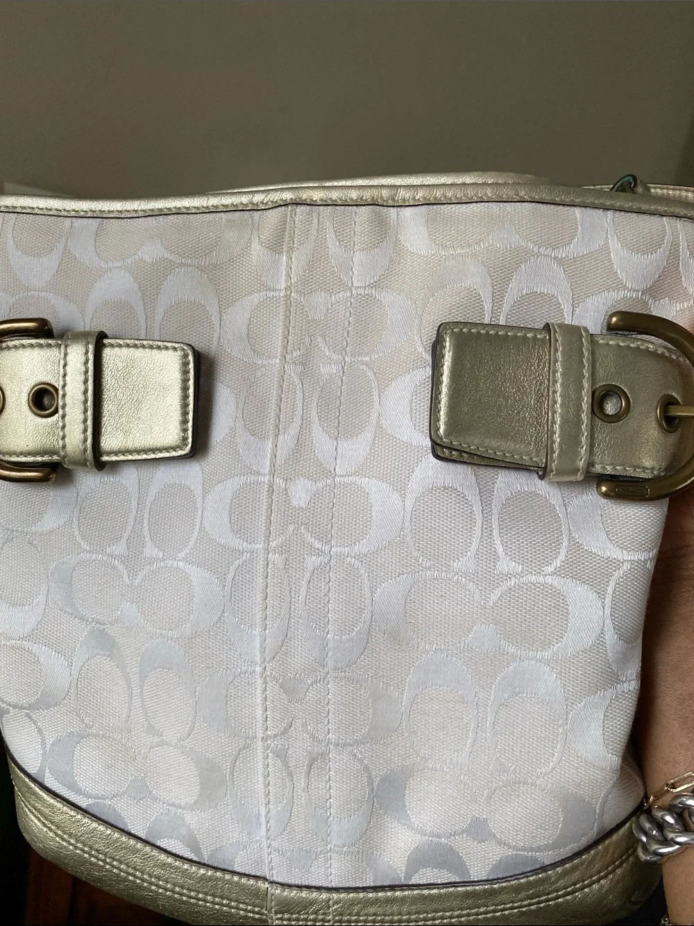 Coach Soho Signature Shoulder Bag with Cream monogram & Gold Metallic Trim
